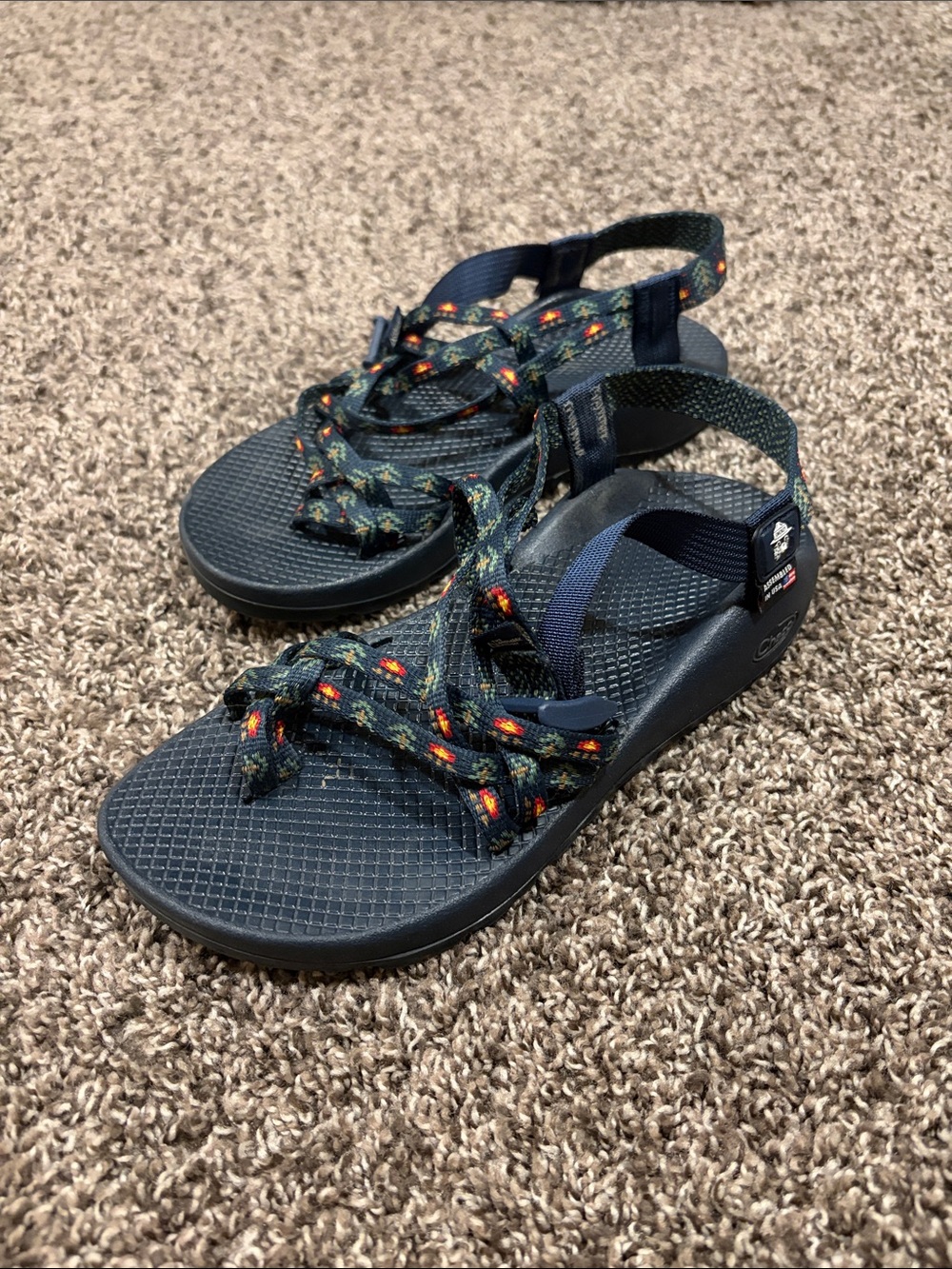 Chaco Women’s Navy Sandals with Multicolor Patterned Straps Size 9